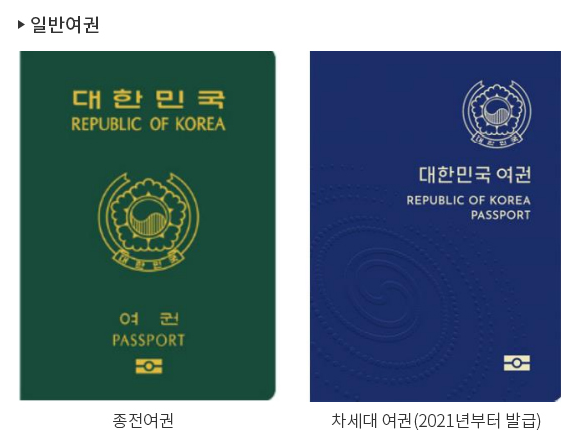 여권재발급 시 선택 가능한 종전여권과 디자인이 바뀐 차세대여권
